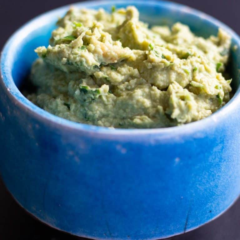 vinbrat wild garlic hummus served in a turquoise ceramic bowl