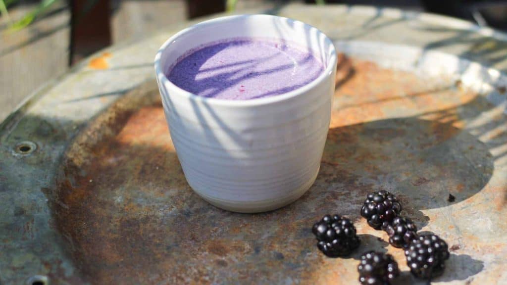 a white ceramic cup of blackberry milk on a tray with som wild blackberries