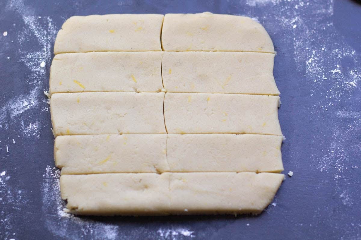 shortbread dough sliced into rectangles