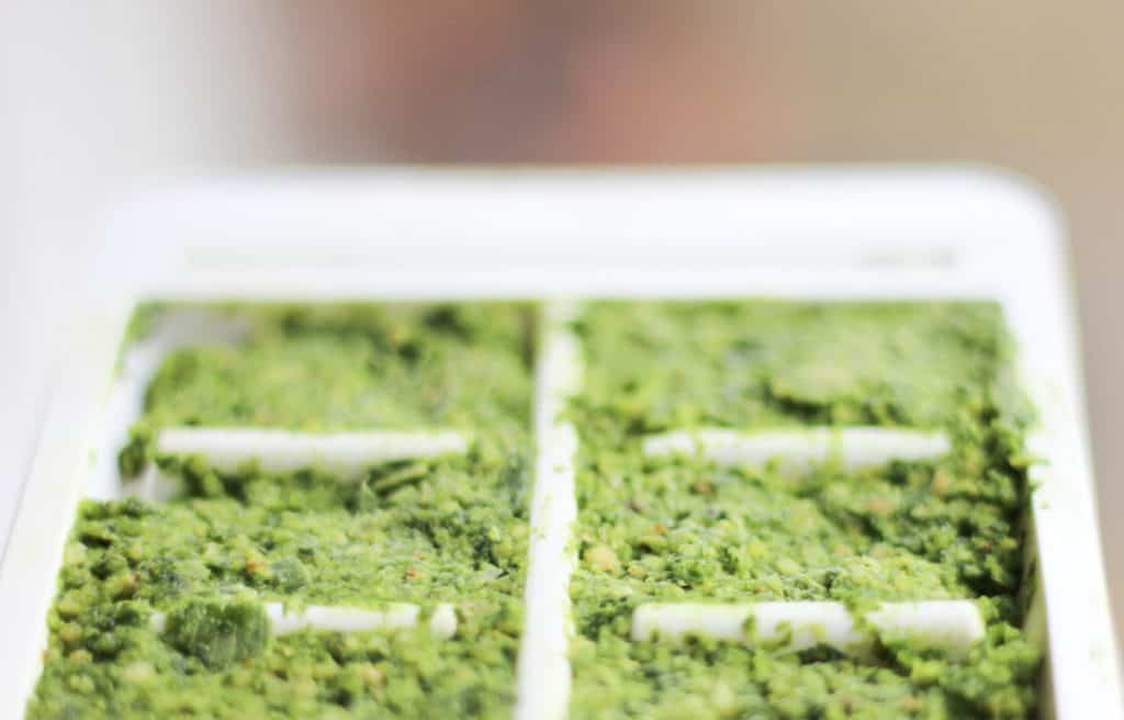 an ice cube tray filled with wild garlic pesto
