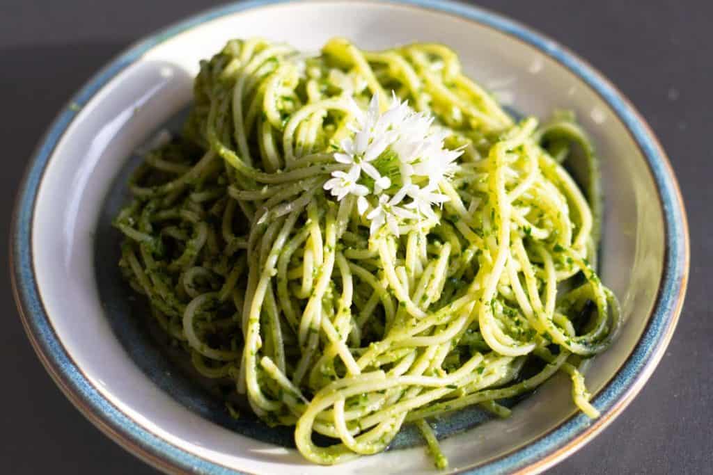 wild garlic pesto served with spaghetti on a ceramic plate. ther eis a wild garlic blossom used as garnish