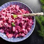 Swedish Beetroot and Apple Salad in a vintage bowl with an wooden serving spoon.