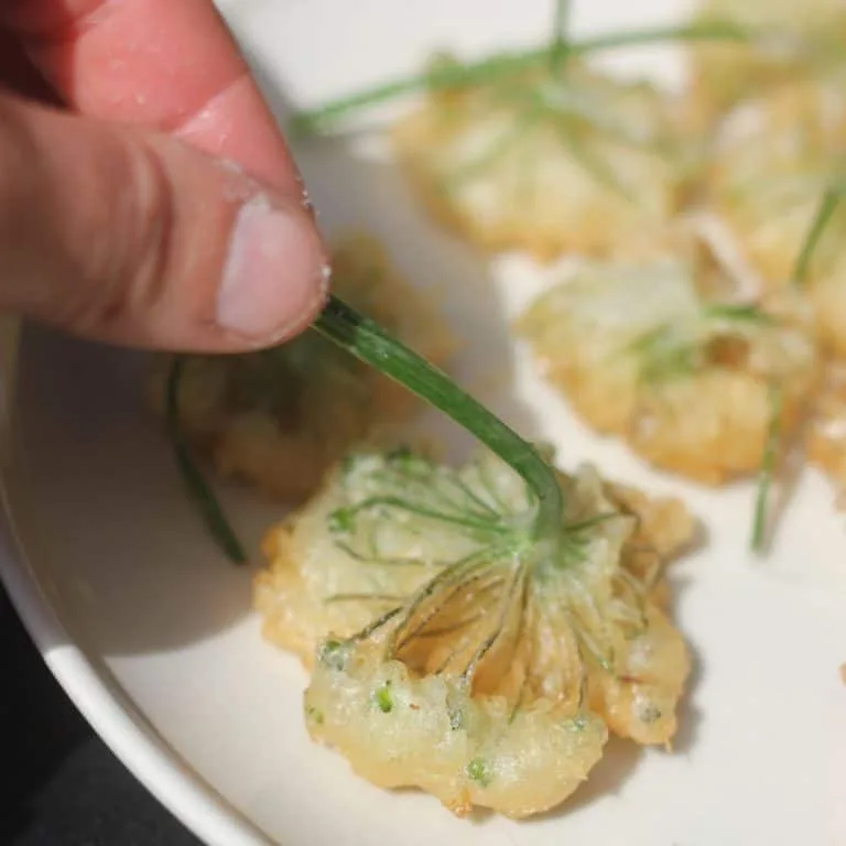 a hand picking up a wild garlic flower fritter by the stalk.