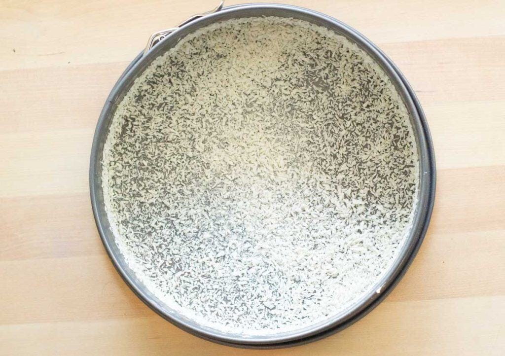 overhead view of a spring form coated with dessicated coconut